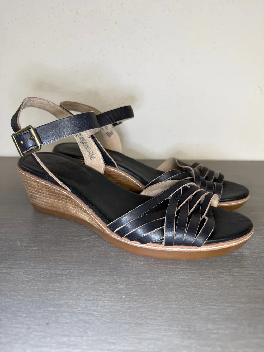 Timberland Earthkeepers Wollaston Leather Wedges Black Leather Sandals Size 7.5